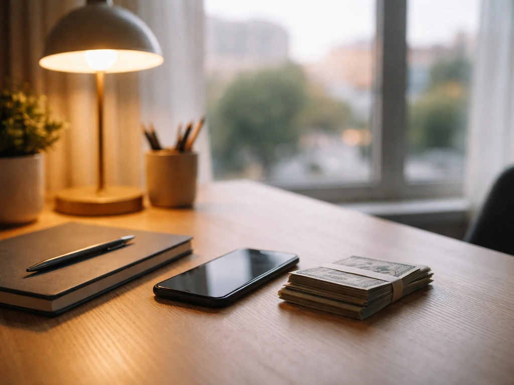 Minimal desk scene with a smartphone and scattered cash-like objects in soft natural light