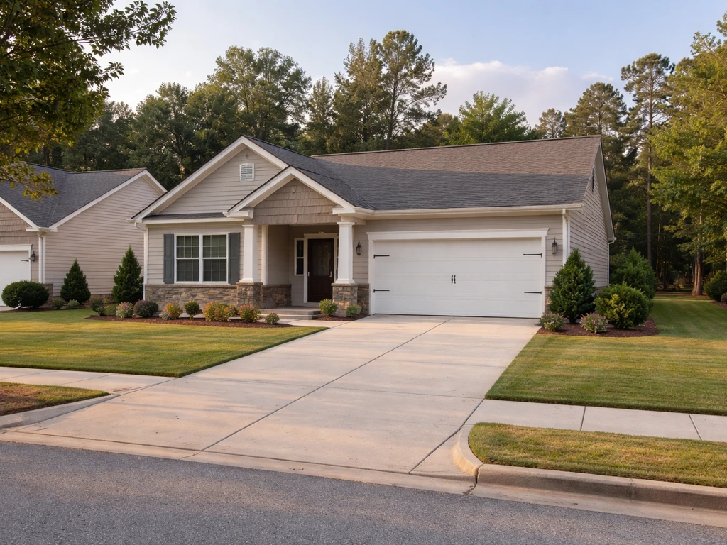 Quiet suburban house exterior with driveway and front yard, suggesting residential assets in a Georgia neighborhood.