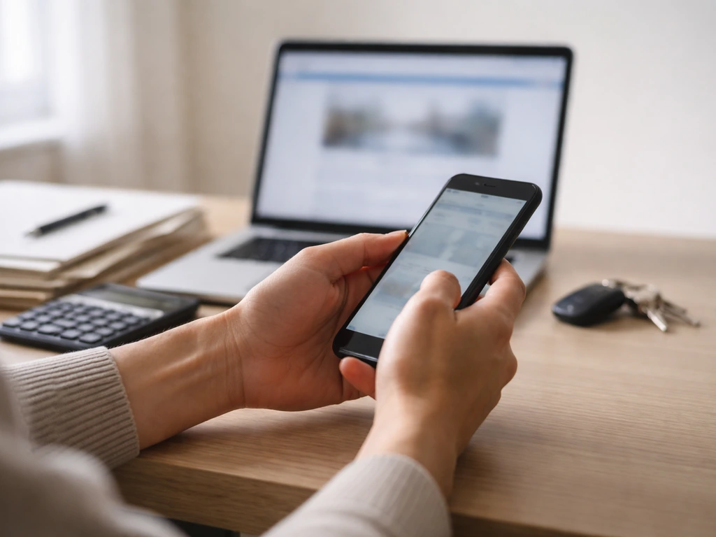 Hands reviewing property and tax documents with a phone and laptop in soft daylight.