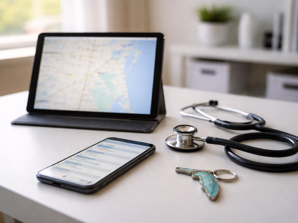 Desk scene with blurred map and medical directory on devices plus a Florida keychain, symbolizing confirming the right d