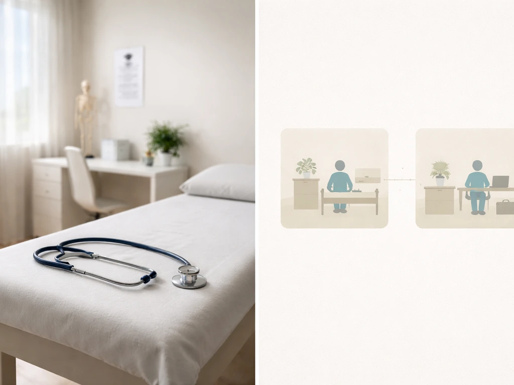 Minimal neurology exam room with a stethoscope beside an abstract private practice vs business schematic.