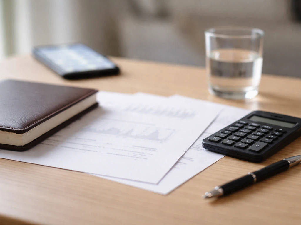 Minimal office desk scene with scattered documents, a calculator, and a smartphone showing blurred numbers.