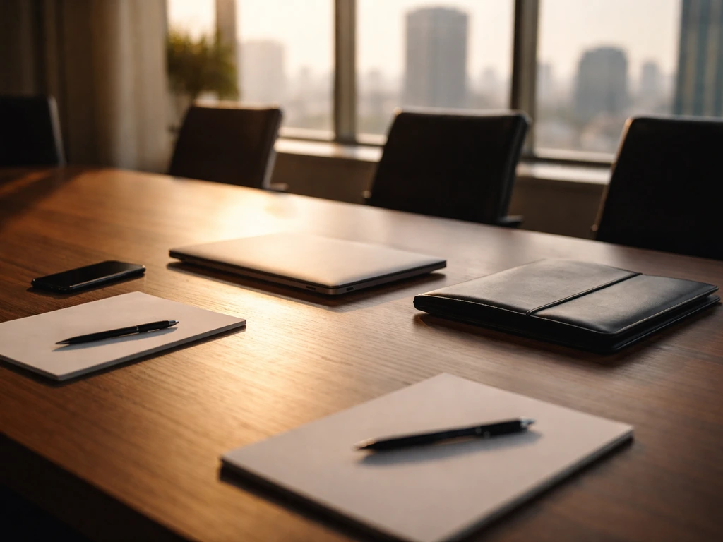 Tech executive-style boardroom desk with laptop and business documents, suggesting a corporate finance background