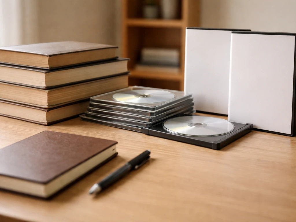 Bible study books, audio discs, and video cases arranged on a tidy desk for teaching