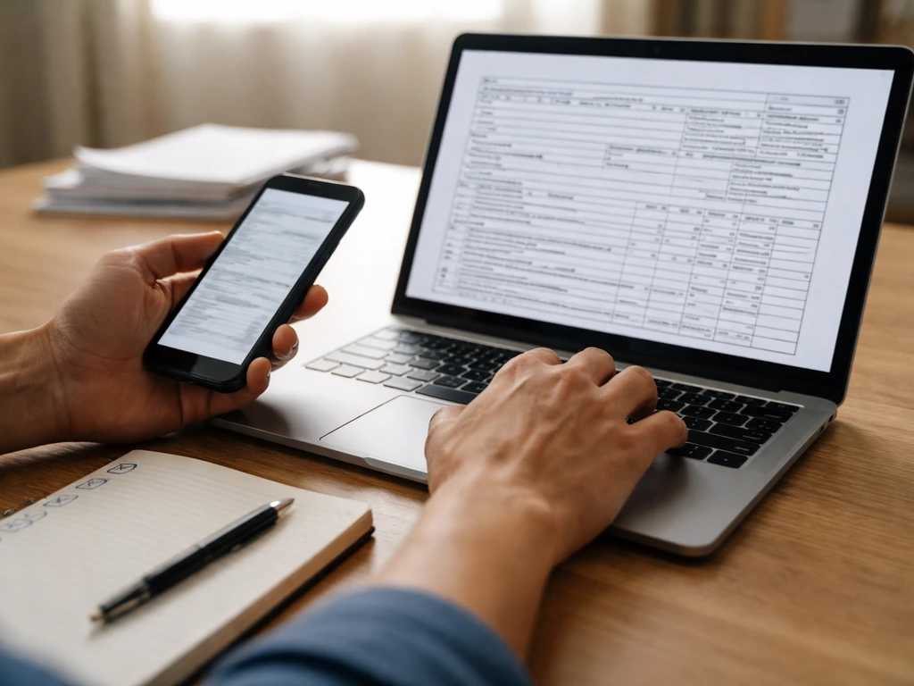 Person reviewing nonprofit tax forms on a laptop, with a checklist-style notebook nearby