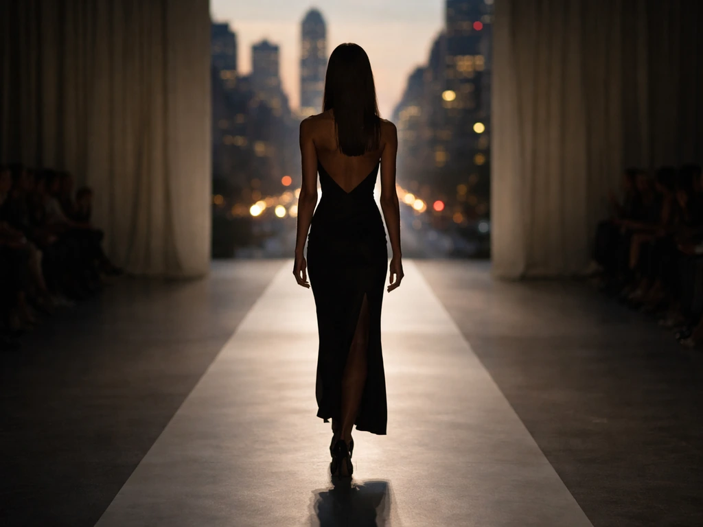 Fashion runway scene in New York with a model silhouette, evoking public profile and wealth analysis.