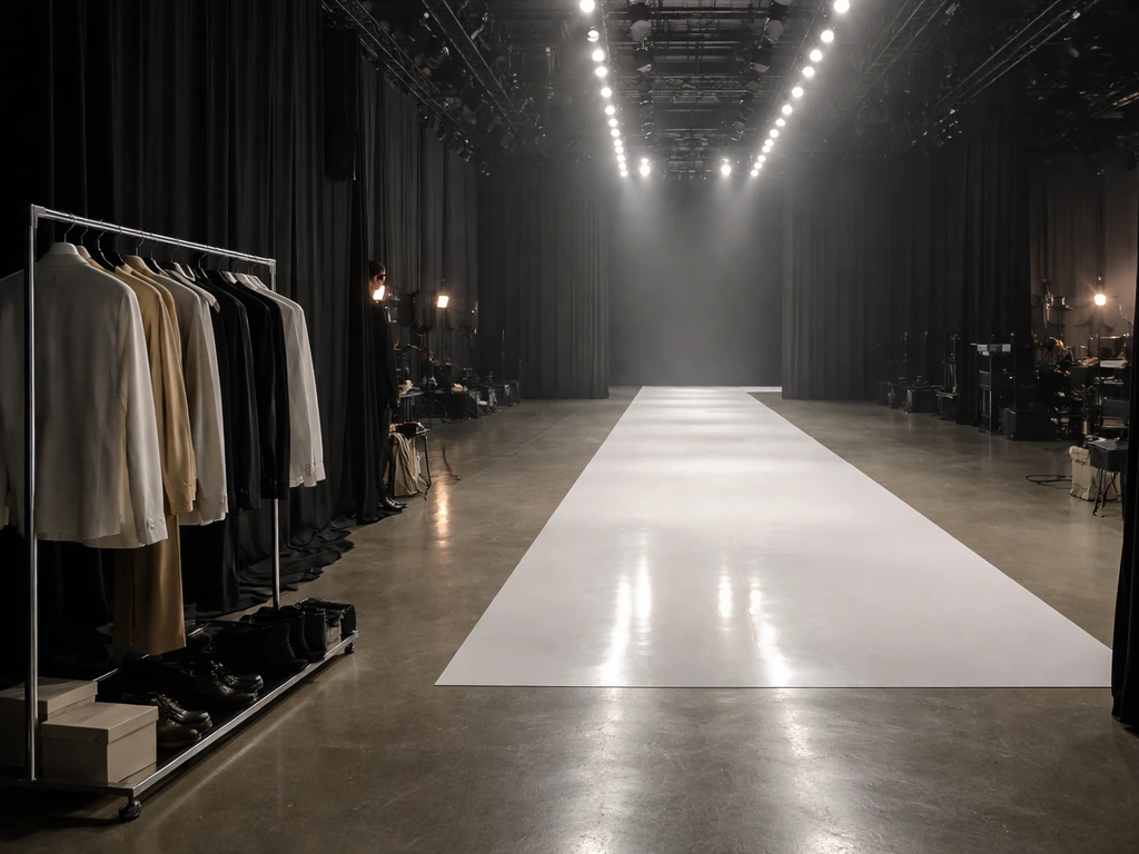 Empty fashion runway at night with stage lights, suggesting a high-fashion modeling career income source