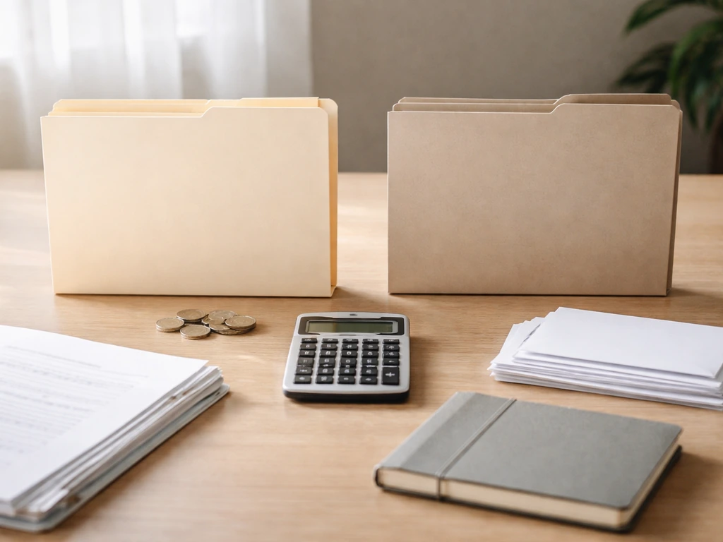 Minimal desk scene symbolizing assets minus liabilities with blank folders, documents, and calculator.