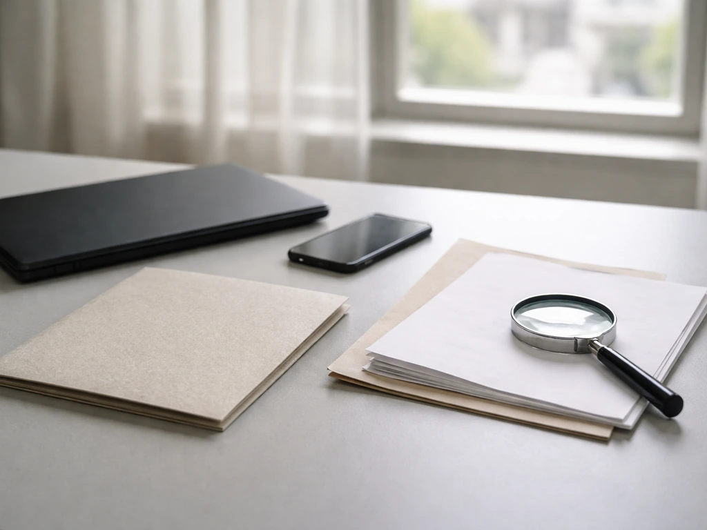 Minimal desk scene with a magnifying glass and documents, symbolizing due-diligence evidence checks.