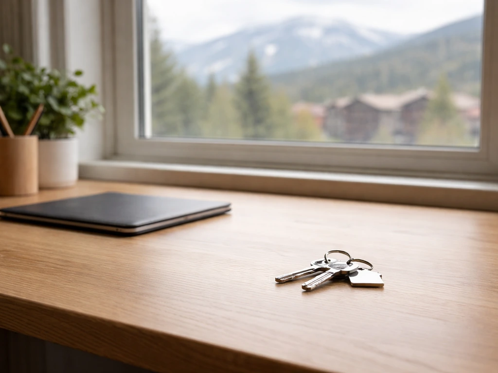 Sunlit real estate office desk with keys, a tablet, and a city skyline view in Steamboat Springs