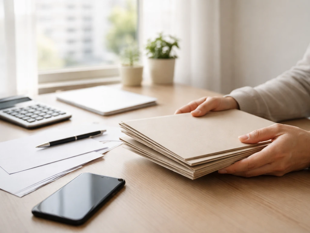 Minimal photo of a person’s hands holding a set of property deeds and a smartphone over a tidy desk