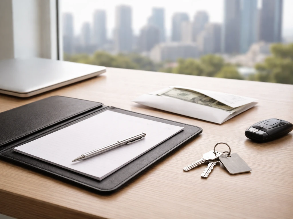 Minimal photo of a realtor-style desk with keys, ledger, and a city skyline through a window