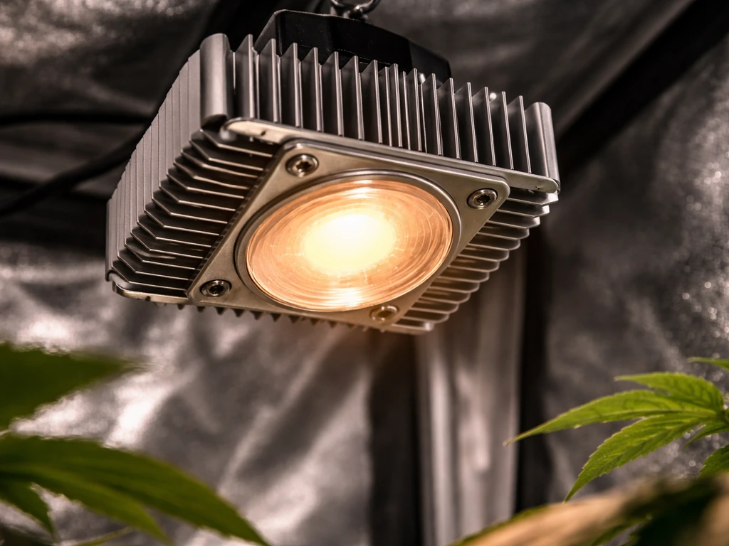Cree COB LED grow light module with heatsink glowing inside an indoor grow setup