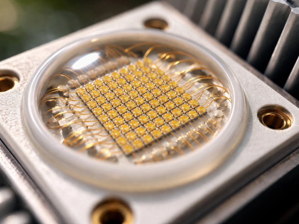 Macro close-up of a COB LED module showing many LED dies tightly packed on one board.