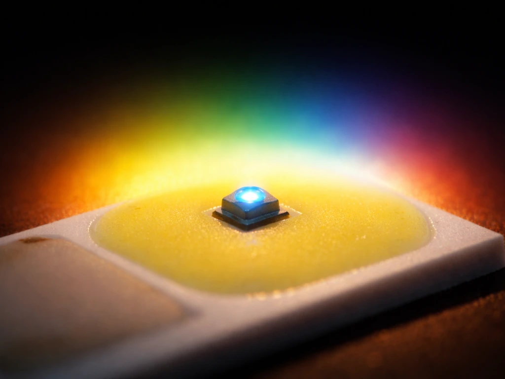Macro of a blue LED chip with glowing yellow phosphor halo suggesting plant-spectrum output.