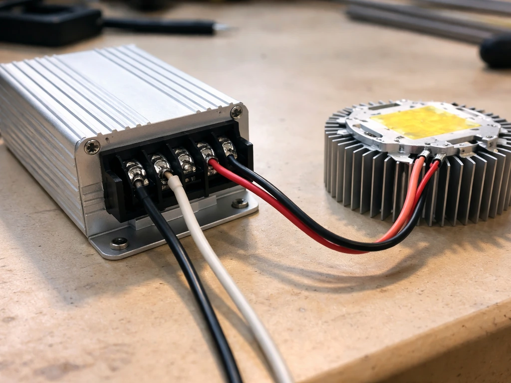 Close-up of a constant-current LED driver beside wiring to an LED COB module on a heatsink.
