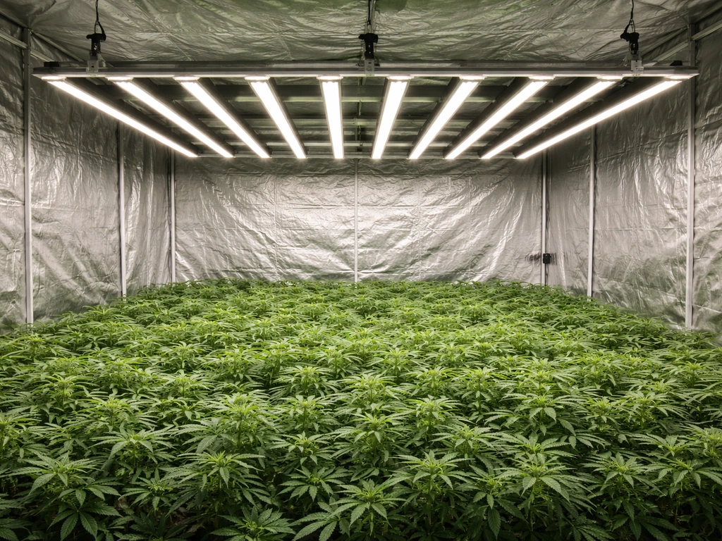 Inside a 10x10 grow tent showing an evenly hung bar-style LED array over the plant canopy.