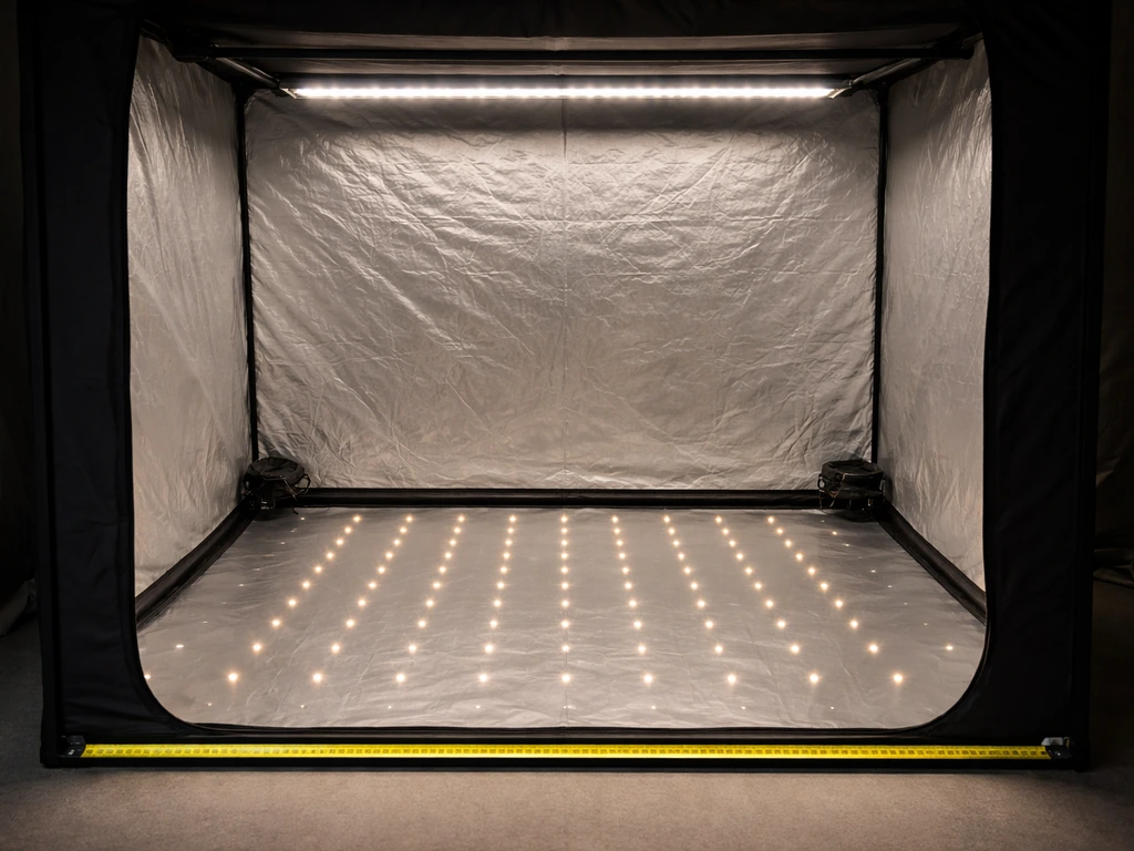 Open 10x10 grow tent with LED light bar and evenly spaced grid lights, measuring tape on floor edge.