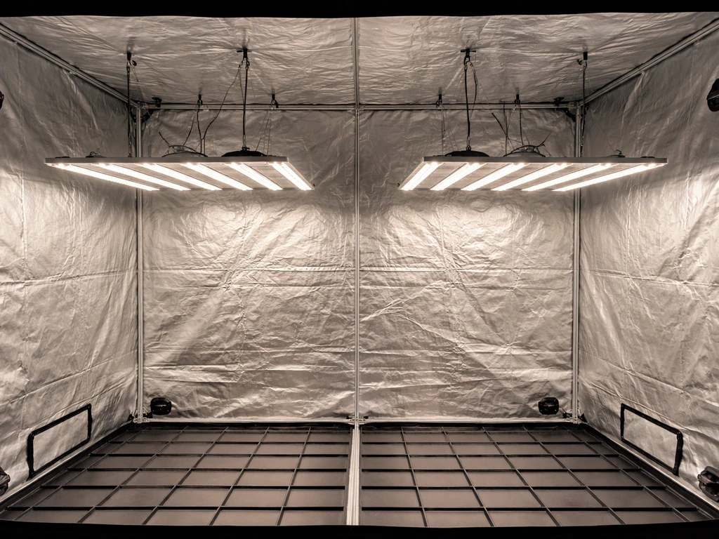 Top-down view of a tidy 10x10 grow tent with two evenly spaced LED fixtures for balanced lighting.