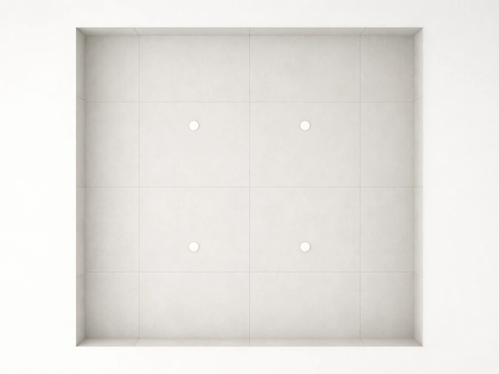 Top-down view of a clean 10x10 grid with four evenly spaced ceiling fixtures in a 2x2 layout.