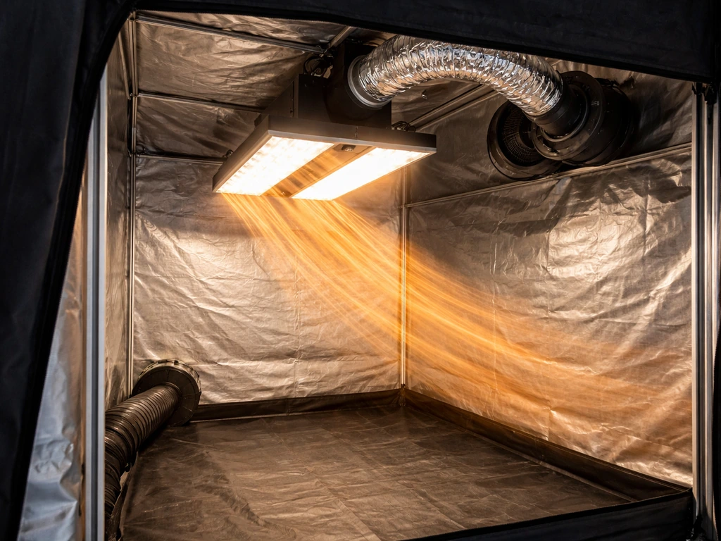 Grow tent interior showing an LED overhead and exhaust fan with ducting for airflow and heat control.