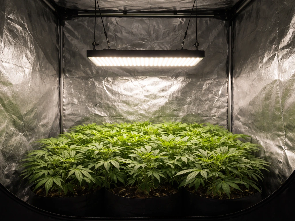 Small grow tent with an LED grow light hung over a thriving plant canopy inside the tent