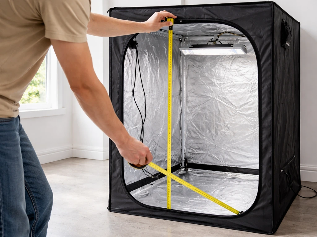 Hands measure a small grow tent interior with a tape measure beside an LED light fixture.