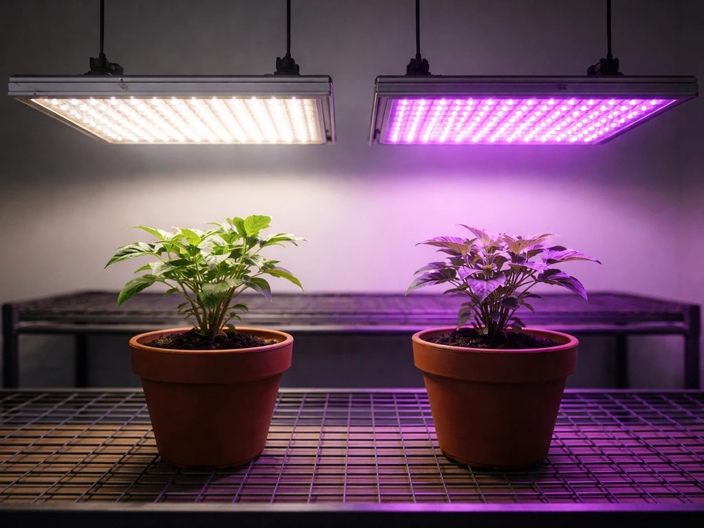 Two LED grow light panels—white full-spectrum and purple blurple—over separate small plants in a simple indoor setup