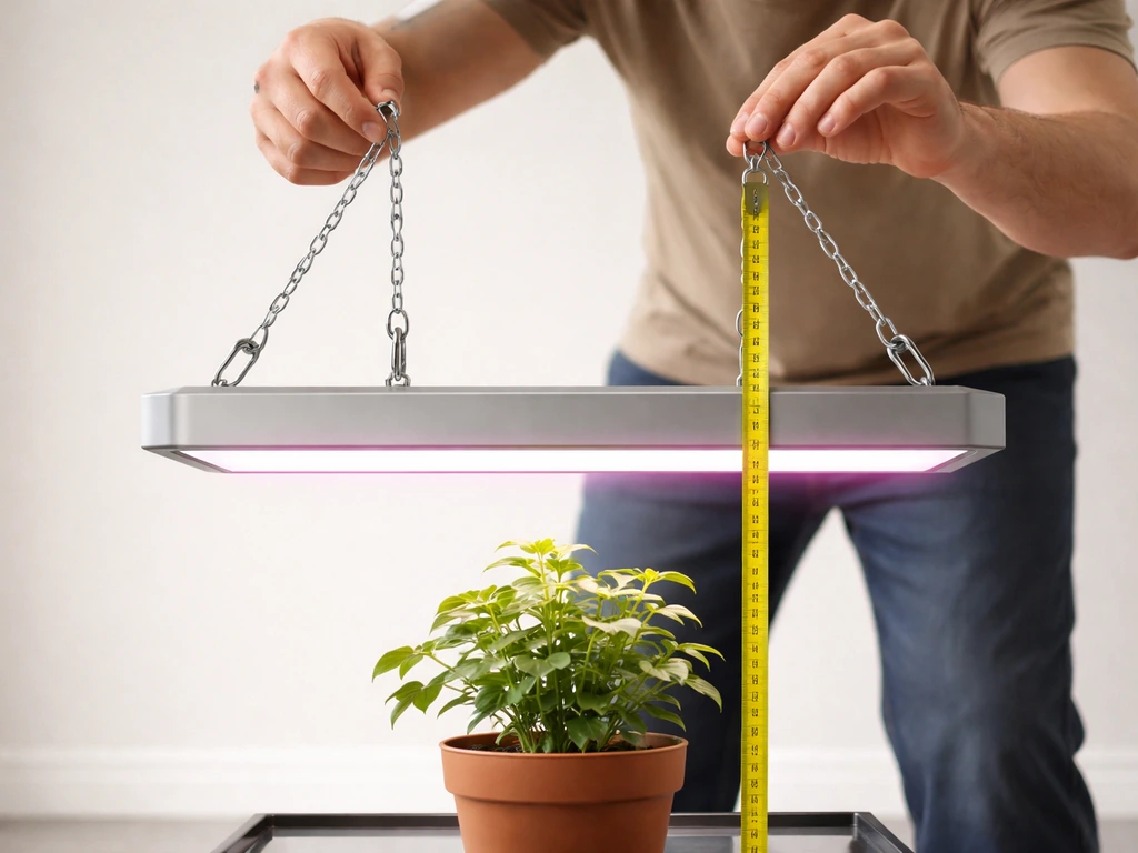 Hand adjusts a hanging LED grow light over a simple indoor plant setup with a measuring tape