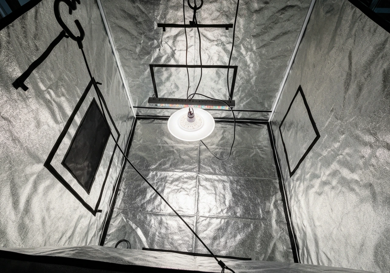 Top-down angled view of an LED grow light centered in a grow tent over plant canopy