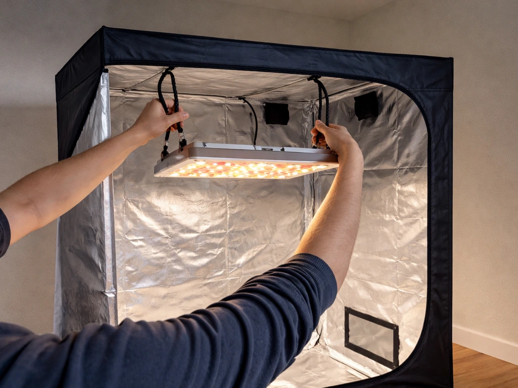 Person adjusting an LED grow light above an open tent, matching coverage area to tent space
