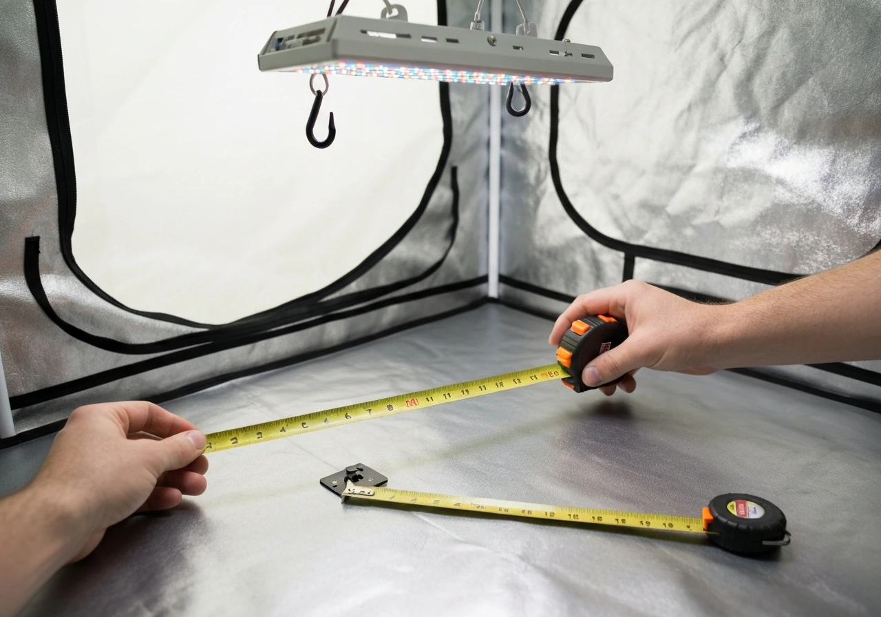 Hands measuring a grow tent interior with tape measure, checking ceiling height and light hang points