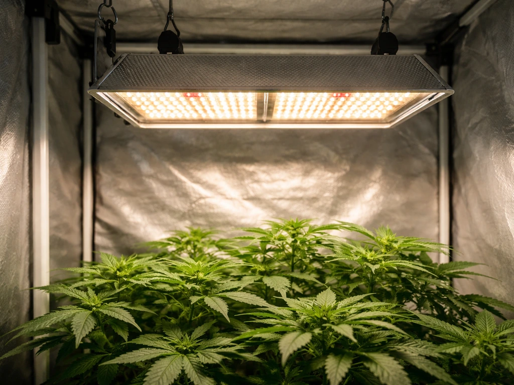 LED grow light mounted above a small grow tent with leafy plants under bright illumination.