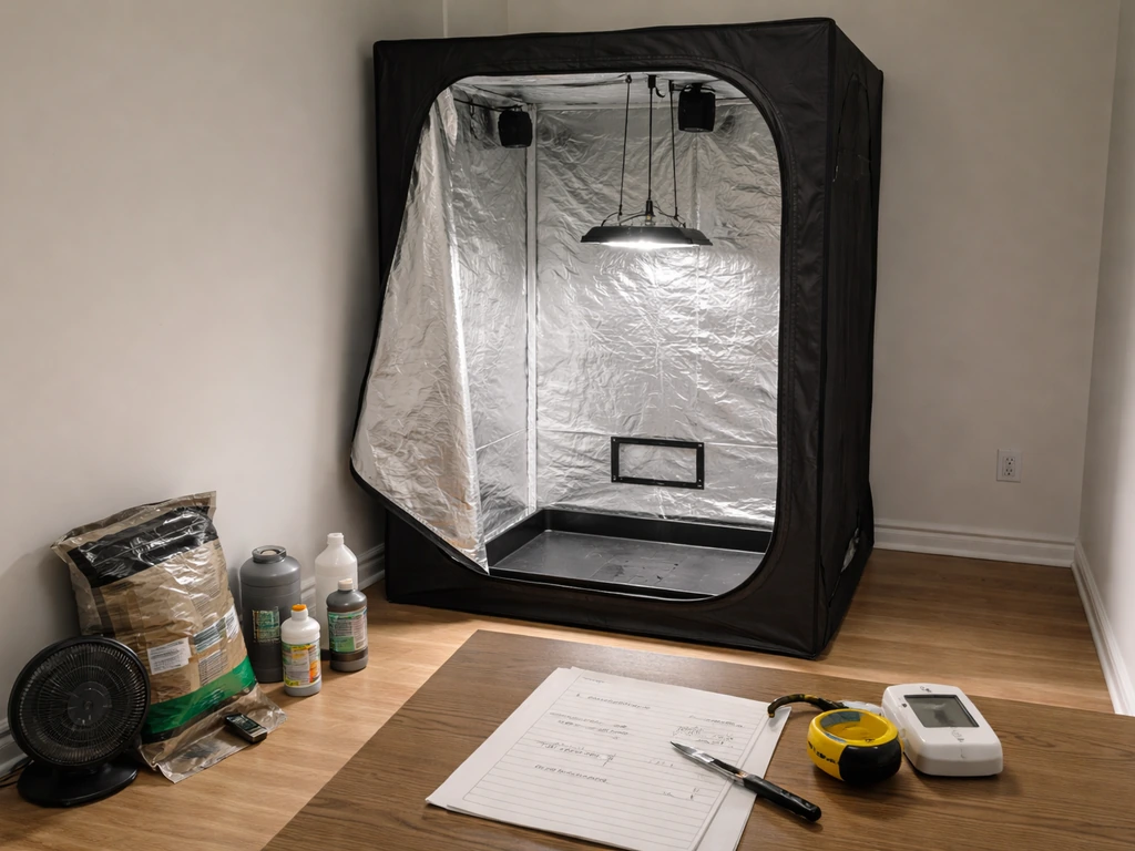 Open grow tent with lights inside and handwritten notes on a desk near grow supplies