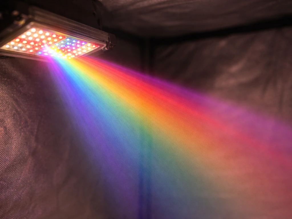 LED grow light beam with brighter 400–700 nm band highlighted, minimal grow-tent background.