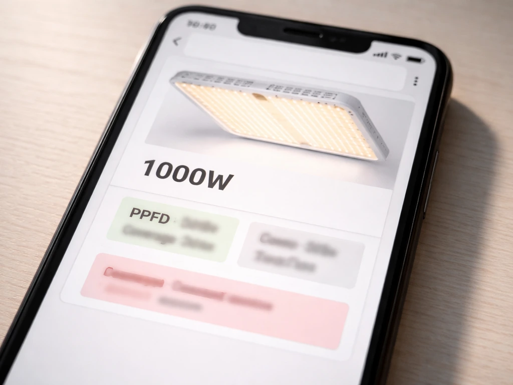 Close-up of a smartphone showing an anonymous product listing, with highlighted areas for technical metrics vs marketing