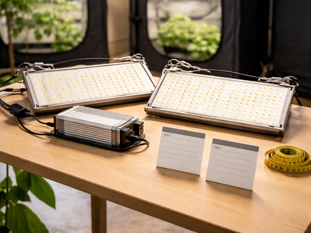 Minimal tabletop photo of quantum board grow lights and an LED driver in a softly lit indoor grow space
