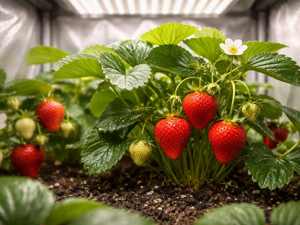 Close-up of ripe strawberries growing under LED light in a small grow tent, showing canopy coverage