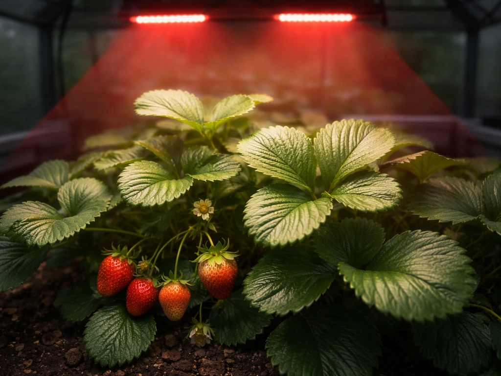 Close-up strawberry plant canopy under warm red LED glow in a simple greenhouse setup