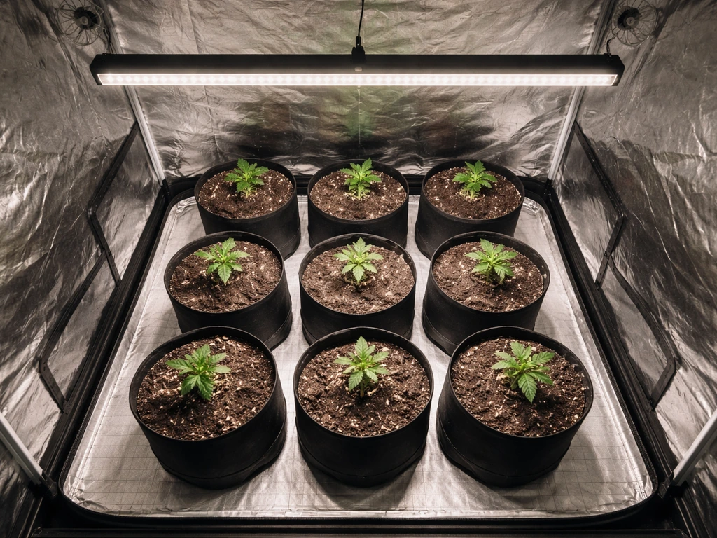 Overhead view of a 4x4 grow tent with even lighting coverage from a bar-style LED fixture