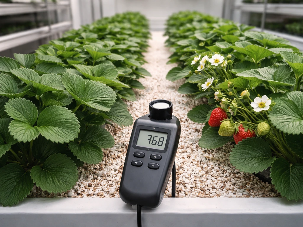Lush strawberry plants beside a PAR meter near canopy height for comparing light and fruiting