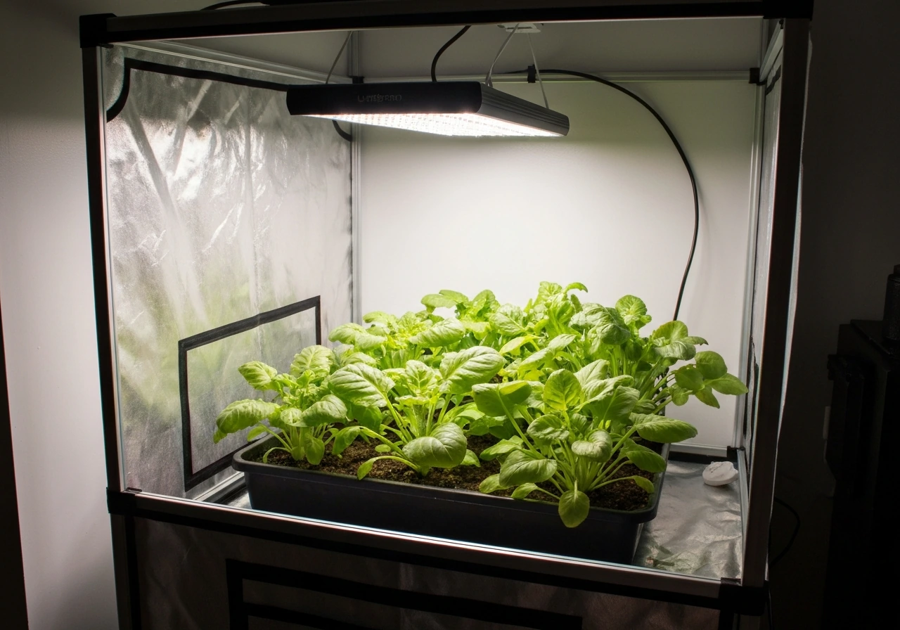 LED grow light over healthy houseplants inside a clear grow tent, showing even canopy coverage