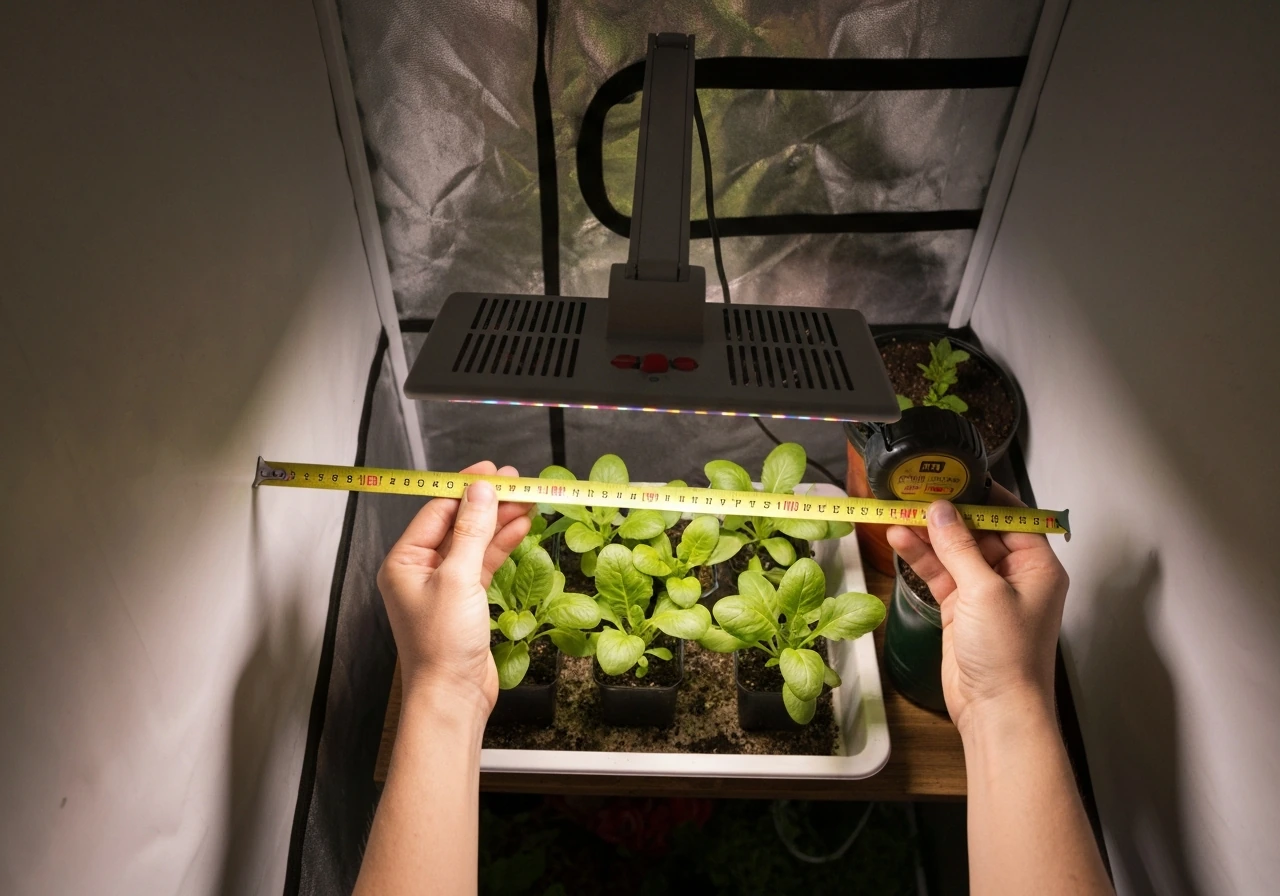 Person adjusting an LED grow light height over a small indoor plant area with a measuring tape.