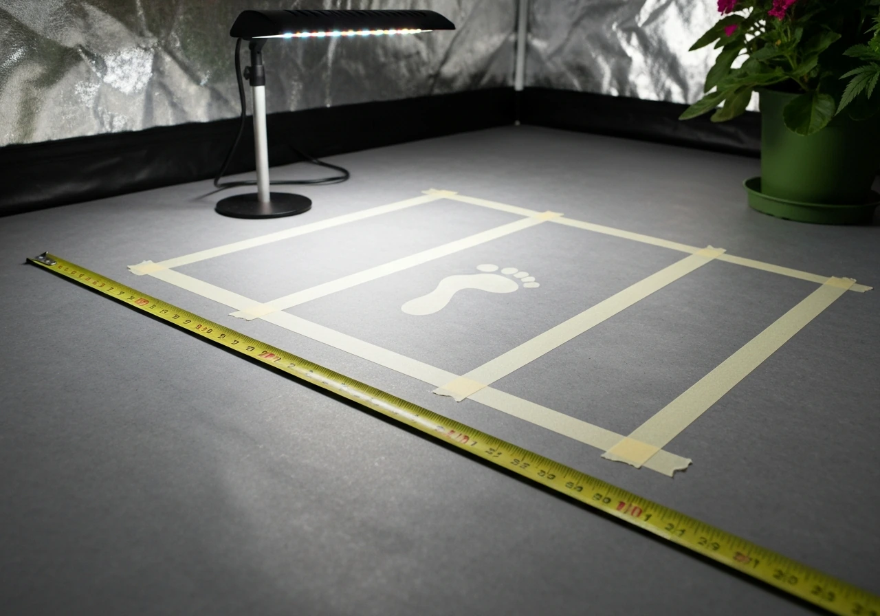 Tape measure laid over a small indoor grow area, showing light coverage boundaries on the floor.