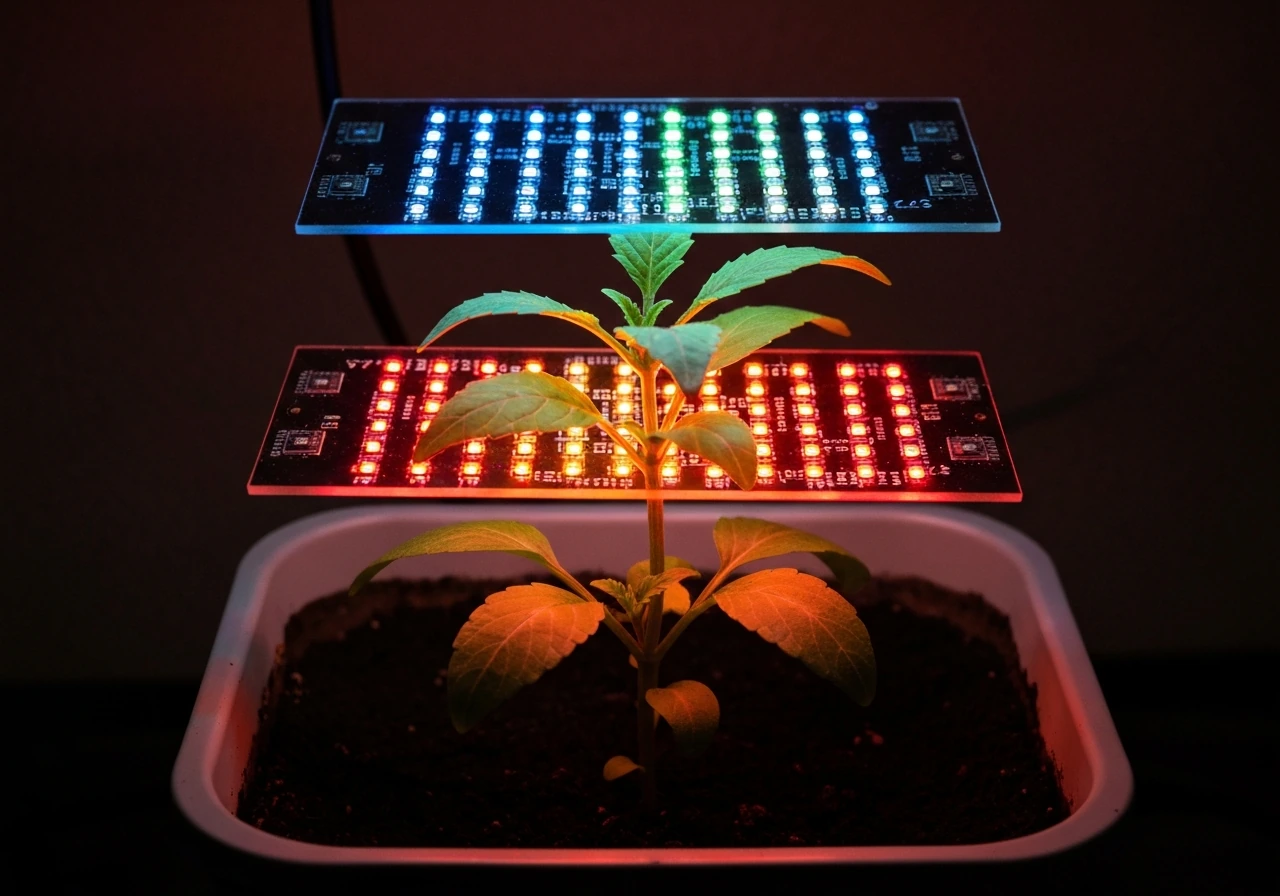 Close-up of seedlings under two LED boards showing cool-blue and warm-red diode zones.