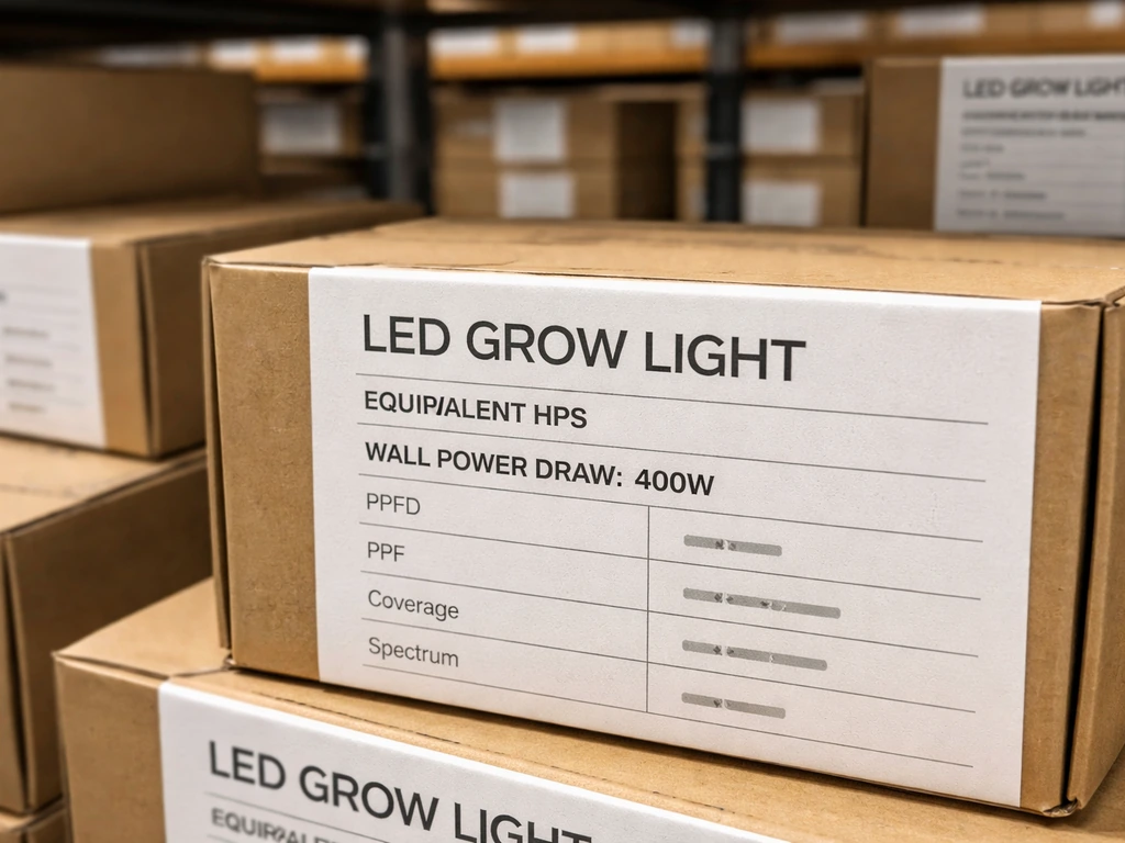Close-up of LED grow light boxes with visible spec labels and power draw details on a store shelf.
