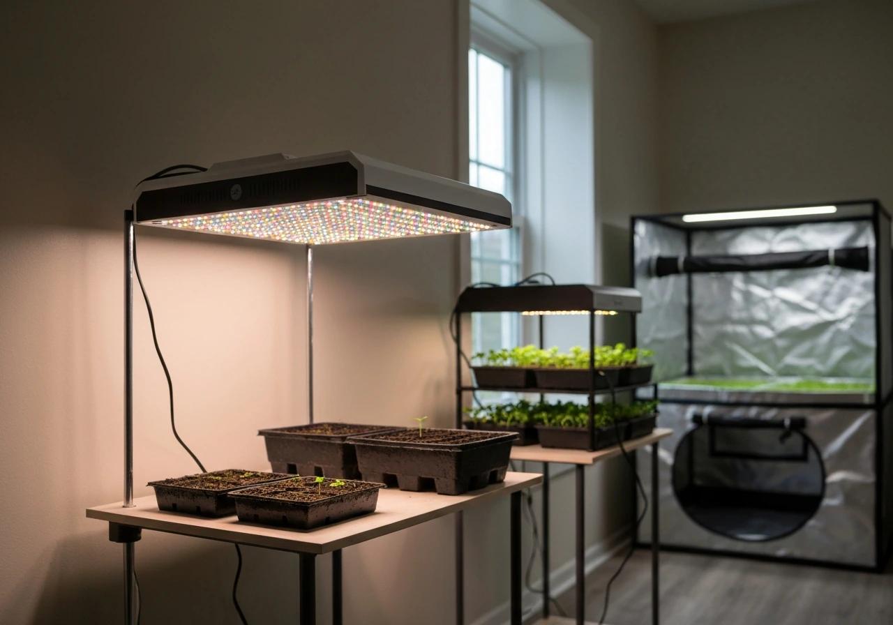 Small indoor grow setup with propagation trays under an LED light, plus a blurred tent in background.