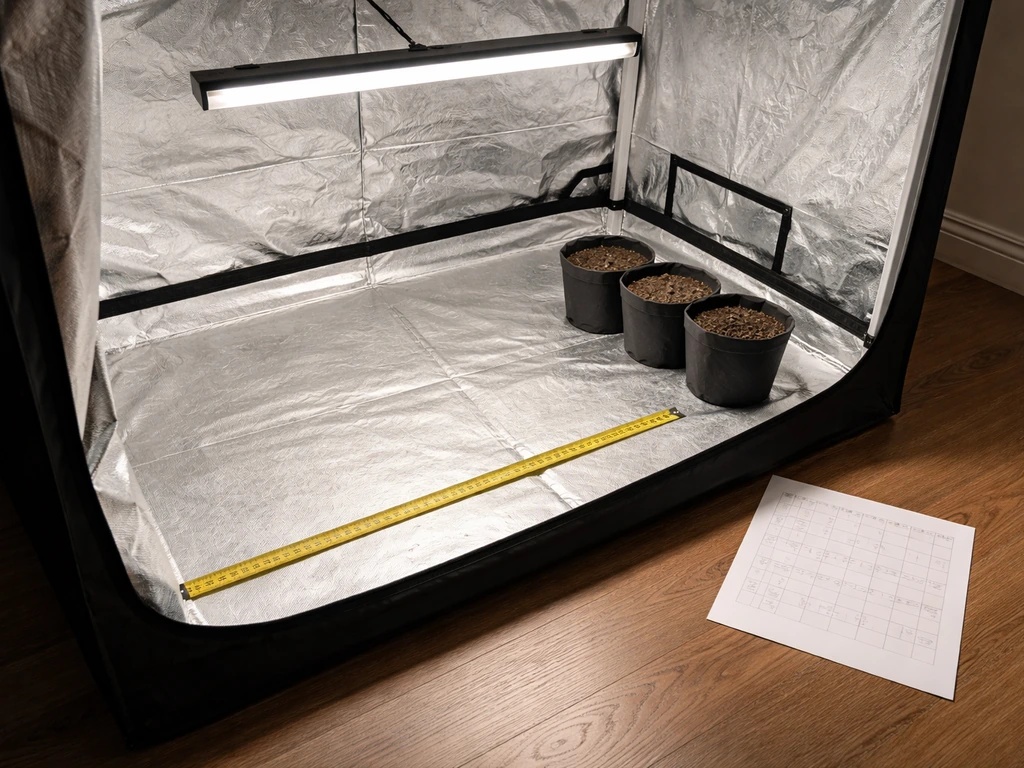 Measuring tape and small plant pots beside an open grow tent with LED lights in a dark room