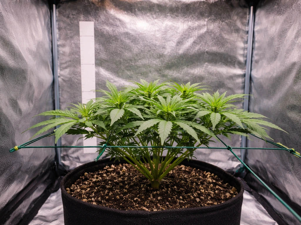 Compact Northern Lights plant under LED in a small grow tent with a plain height ruler reference.