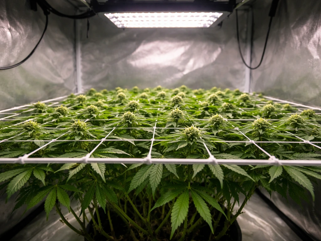 Indoor grow tent with SCROG net training plants into an even canopy under an LED grow light.